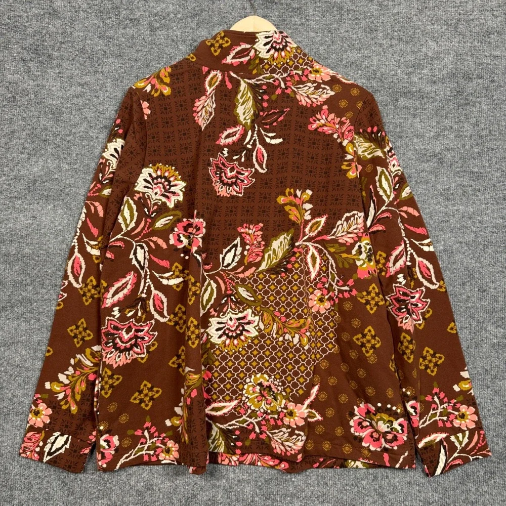 Sport Savvy Size 1X Jacket Brown Floral Printed Patchwork French Terry Full Zip